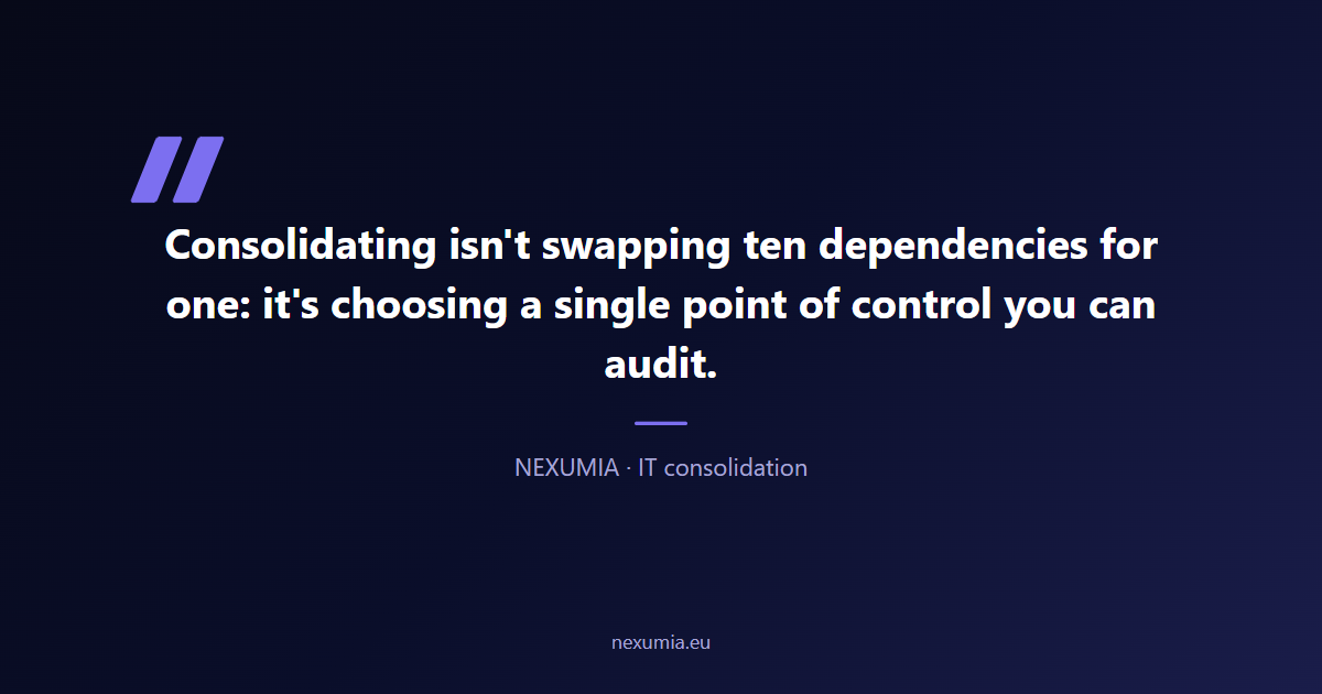 Pull quote on IT consolidation: choosing a single auditable point of control instead of ten different dependencies on opaque providers