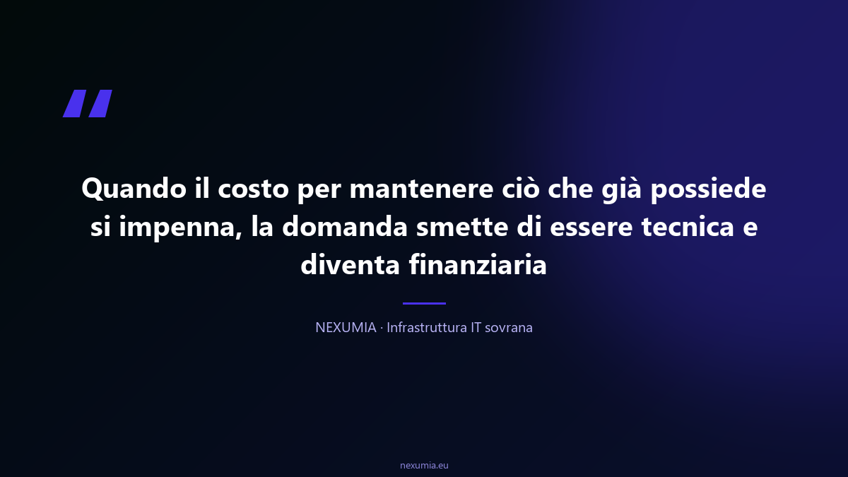 Citazione editoriale sul cambio di licenze VMware dopo Broadcom: quando il costo per mantenere lo stesso ambiente si moltiplica senza che l'utilizzo cambi, migrare smette di essere una scelta tecnica e diventa una decisione di budget