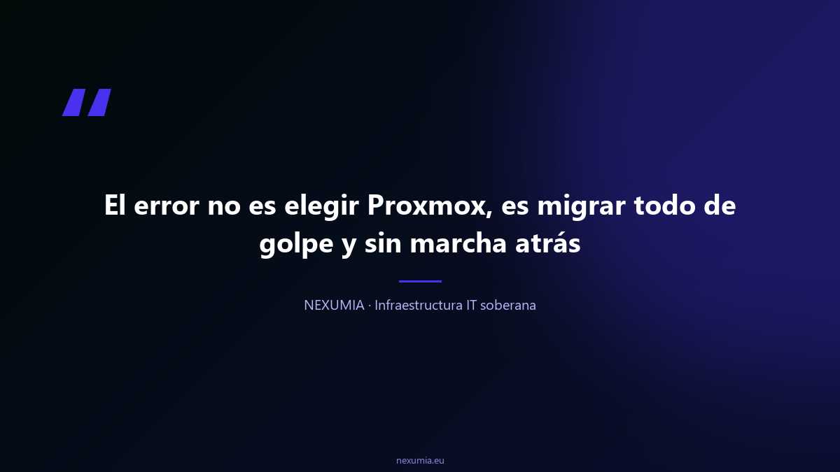 Cita sobre migración de VMware a Proxmox por fases: el error no es elegir Proxmox, es migrar todo de golpe y sin retorno; el método correcto es inventario, piloto, oleadas y convivencia