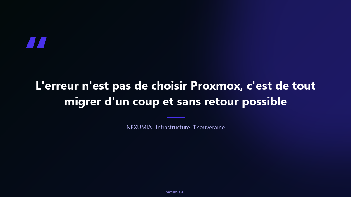 Citation sur la migration de VMware vers Proxmox par phases : l'erreur n'est pas de choisir Proxmox, c'est de tout migrer d'un coup et sans retour ; la bonne méthode est inventaire, pilote, vagues et cohabitation